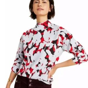 Anthropologie Soft Mock Neck Pullover Sweater Red Flora Woven NWOT Sz M